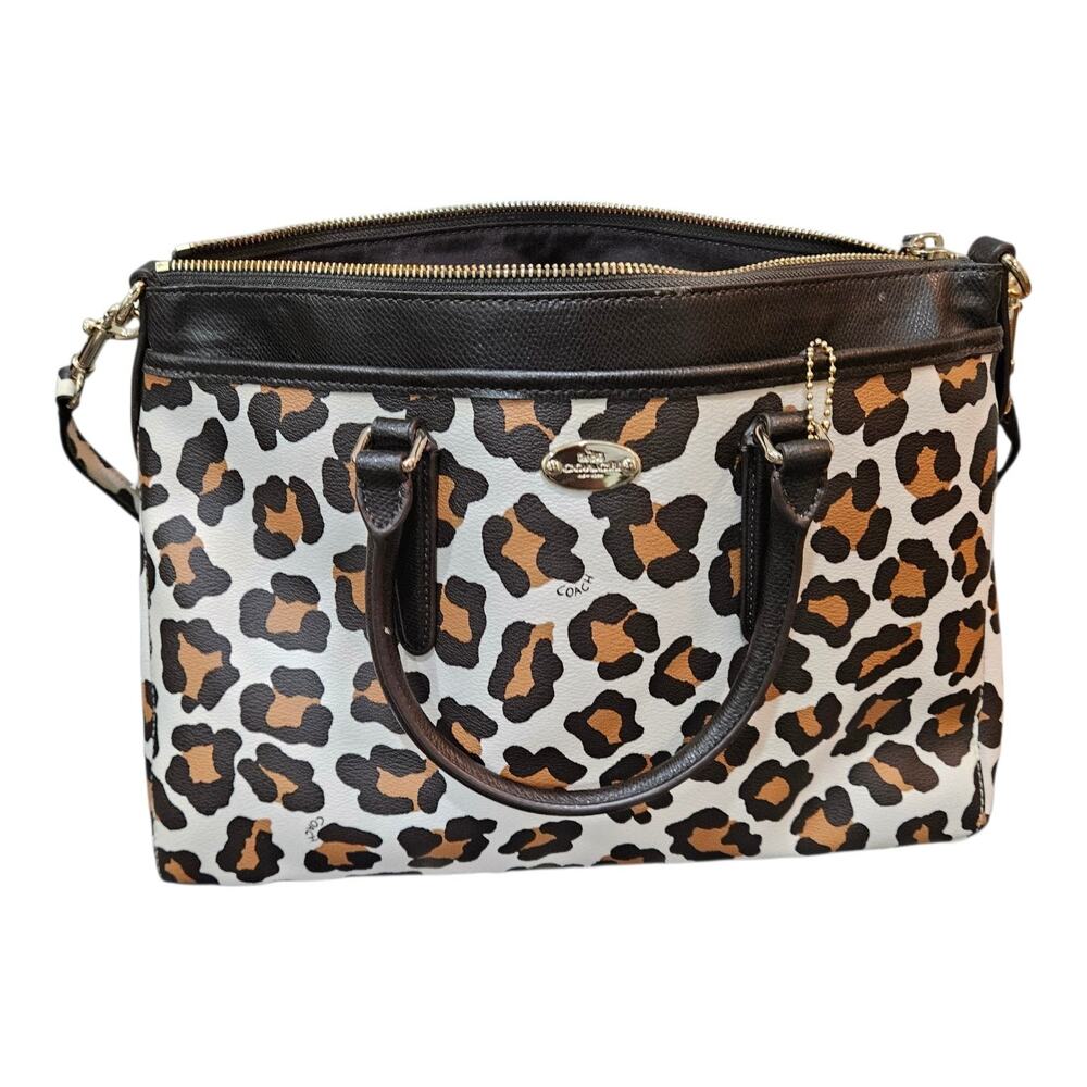 Coach Ocelot Leopard Print Coated Satchel Shoulder Bag Black Tan Crossbody